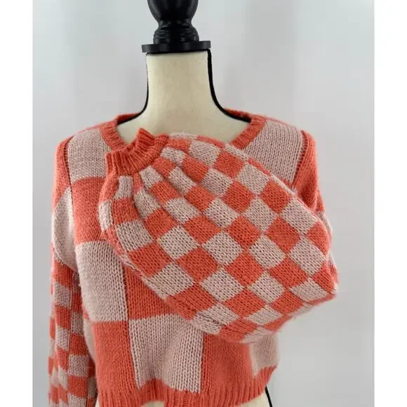 Princess Polly Orange Pink Check Sweater Balloon Sleeve Crop Top Small - Picture 1 of 7